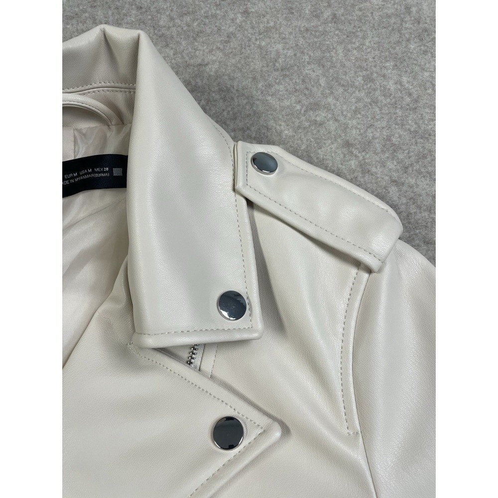 NWOT Zara Womens M Faux Leather Motorcycle Moto Jacket Zip Up Beige - Picture 8 of 16